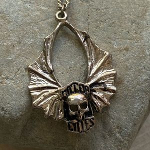 Offer Biker necklace vintage batwing skulls motor cycles long chain silver